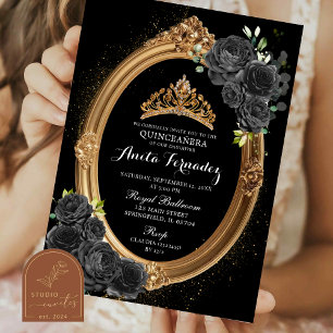 Invitation élégante de Quinceanera noire et or