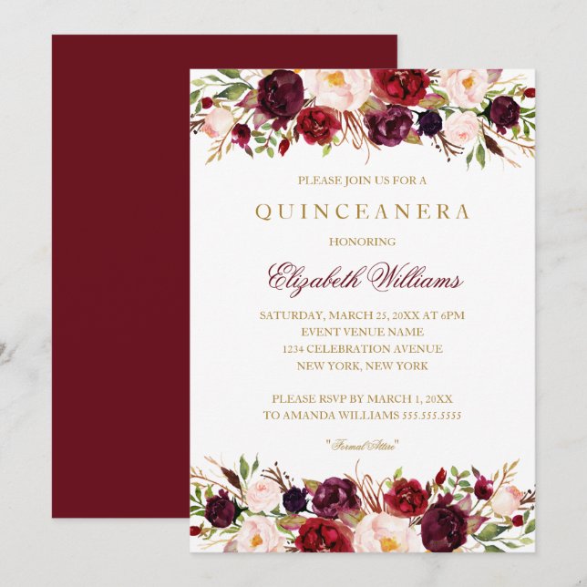 Invitation élégante de Quinceanera Rose Bourgogne (Devant / Derrière)