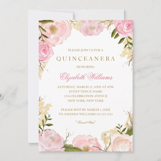 Invitation élégante de Quinceanera Rose rose (Devant)