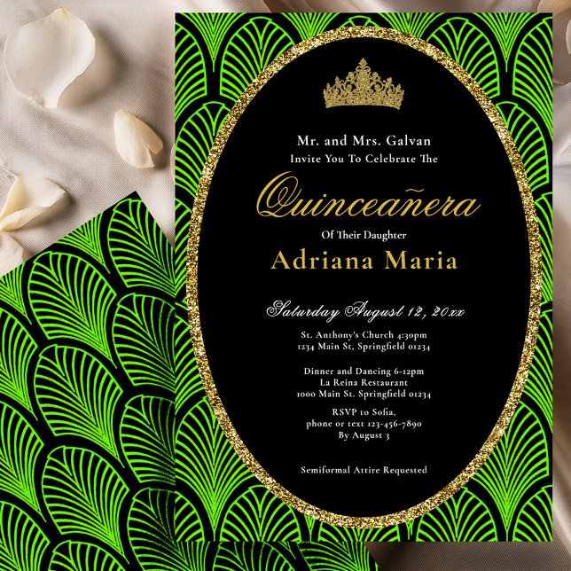 Invitation élégante de Quinceanera vert Art Déco (Créateur téléchargé)
