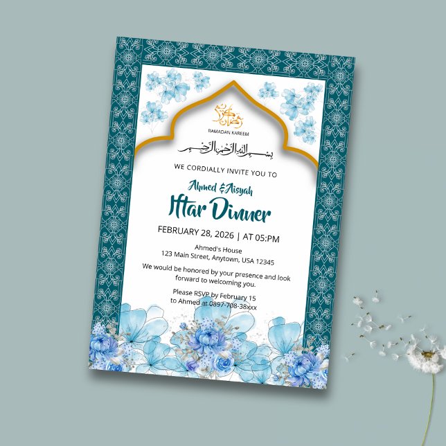 Invitation élégante de Ramadan Iftar aux fleurs bl (Créateur téléchargé)