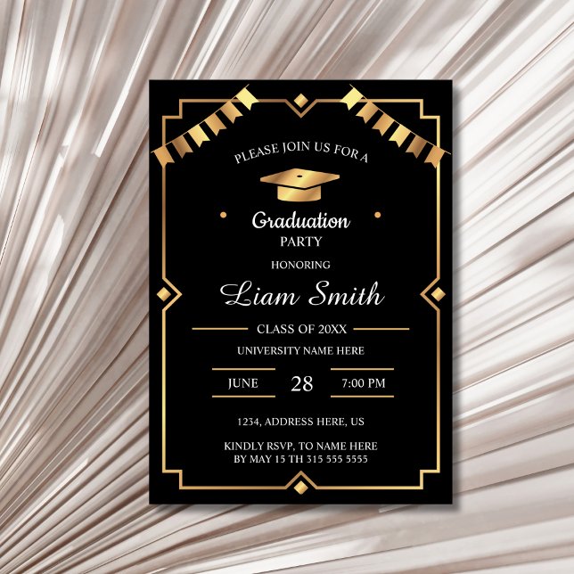 Invitation élégante de remise de diplôme noir et o (Elegant Black and Gold Graduation Party Card Invitation )
