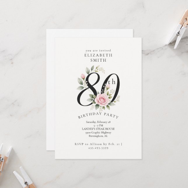 Invitation élégante de Rose rose pour 80e annivers (Devant/Arrière en situation)