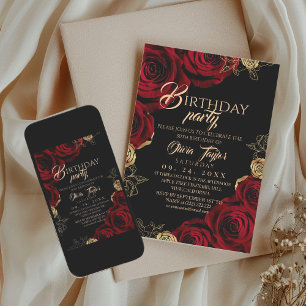 Invitation élégante de roses rouges et or pour fêt