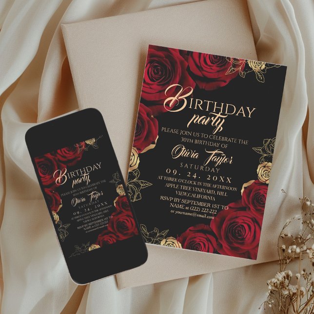 Invitation élégante de roses rouges et or pour fêt (Créateur téléchargé)