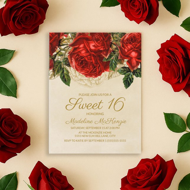 Invitation élégante de roses rouges pour un annive (Elegant red roses Sweet 16 birthday party invitation postcard)