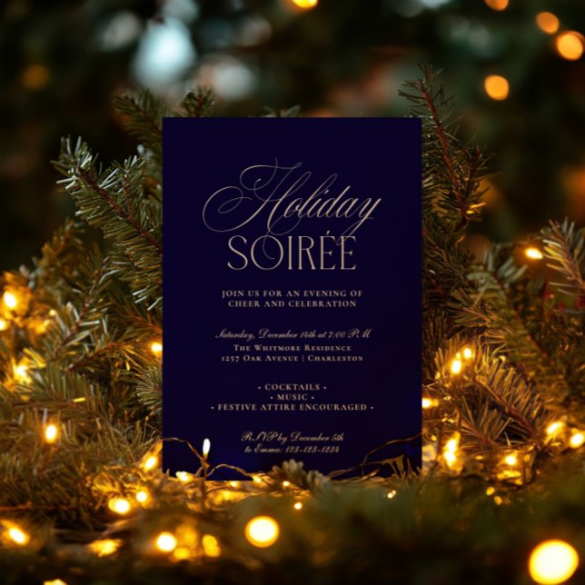 Invitation élégante de soirée de fête de fin d'ann (Elegant Dark Blue Holiday Dinner Party Invitation)