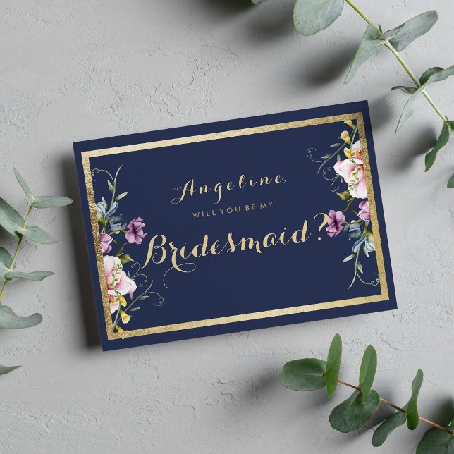 Invitation Elégante demoiselle d'honneur bleu marine or rose  (Elegant navy blue gold pink floral Bridesmaid )