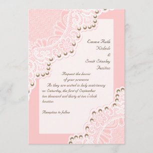 Invitation Elégante dentelle blanche avec perles rose mariage
