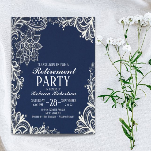 Invitation élégante dentelle blanche marine bleu Retraite Par (elegant white lace navy blue Retirement Party Invitation)