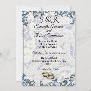 Invitation Elégante dentelle Bleue & Blanc avec anneaux -