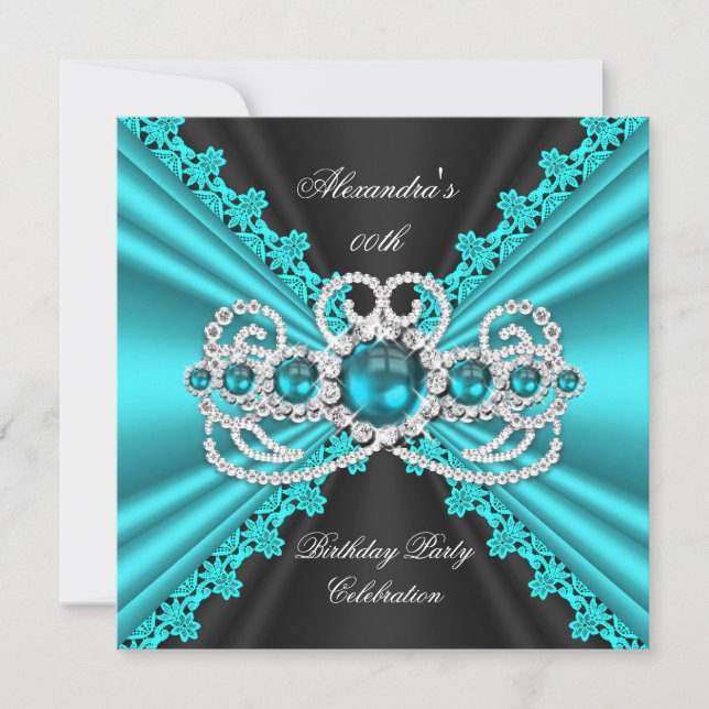 Invitation Elégante dentelle bleue Turquoise Diamant noir Ann (Devant)