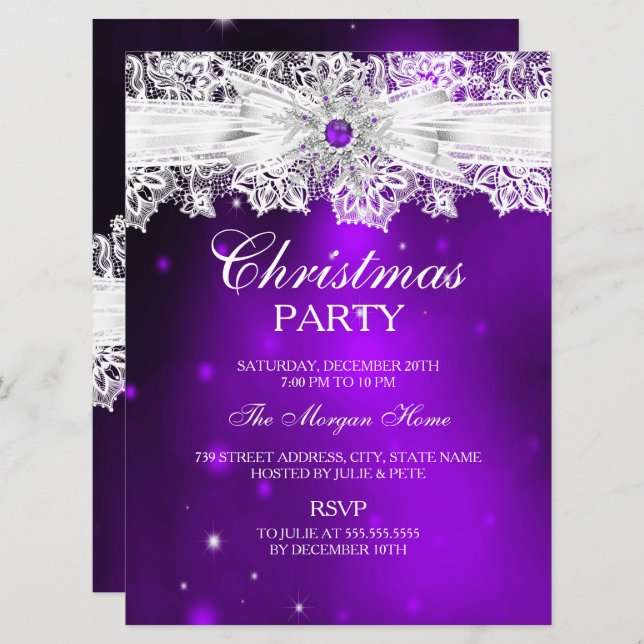 Invitation Élégante dentelle Bow violet fête de Noël (Devant / Derrière)