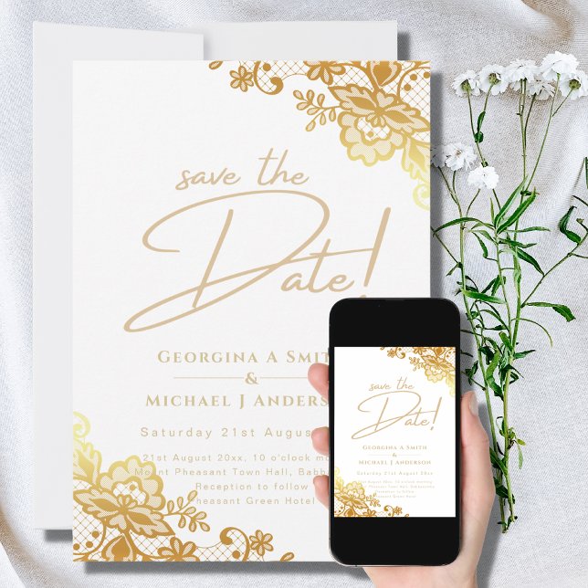 Invitation Élégante dentelle d'or blanc Mariage moderne (Créateur téléchargé)