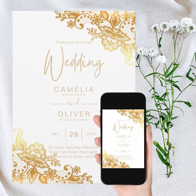 Invitation Élégante dentelle d'or blanc Mariage moderne (Créateur téléchargé)