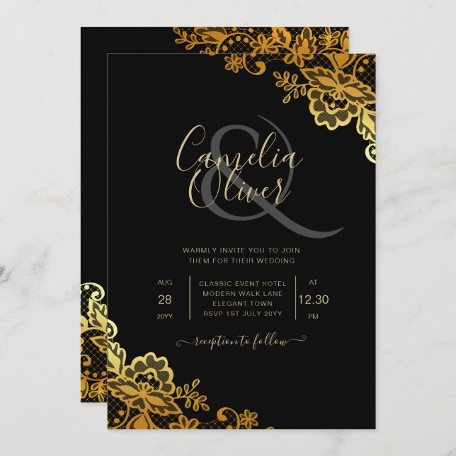 Invitation Élégante dentelle d'or noir Mariage moderne (Devant / Derrière)