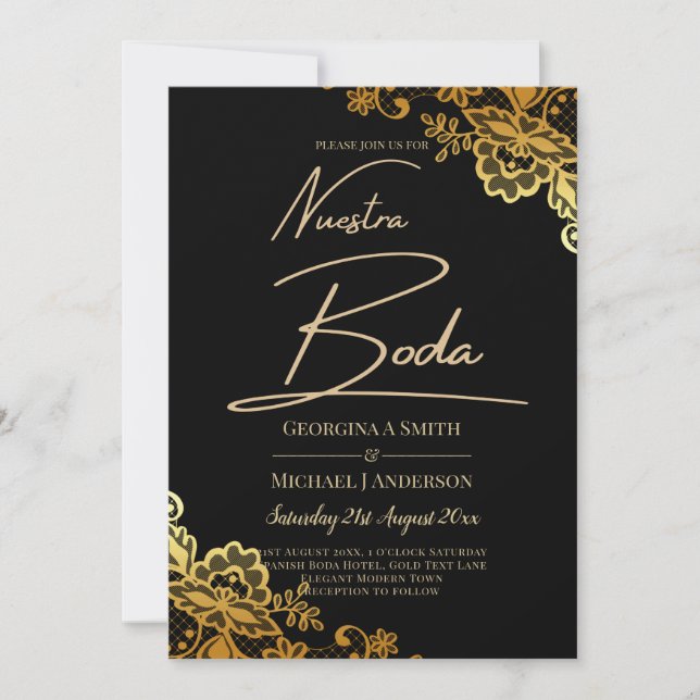 Invitation Élégante dentelle d'or noir Mariage moderne (Devant)