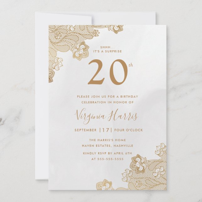 Invitation Elégante dentelle d'or Ornate Vingt-20e anniversai (Devant)