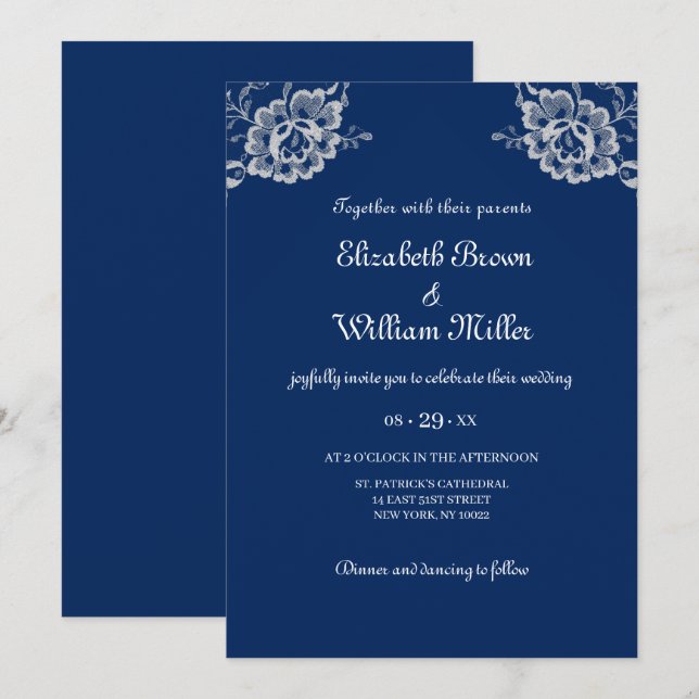 Invitation Elégante dentelle florale sur Mariage bleu marine (Devant / Derrière)