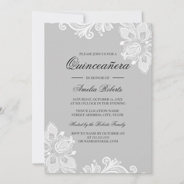 Invitation Elégante dentelle gris blanc Quinceanera Invitatio (Devant)