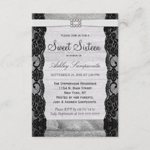 Invitation Elégante dentelle noire, bois rustique et diamants