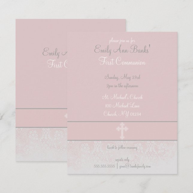 Invitation Élégante dentelle rose Première Communion Invitati (Devant / Derrière)
