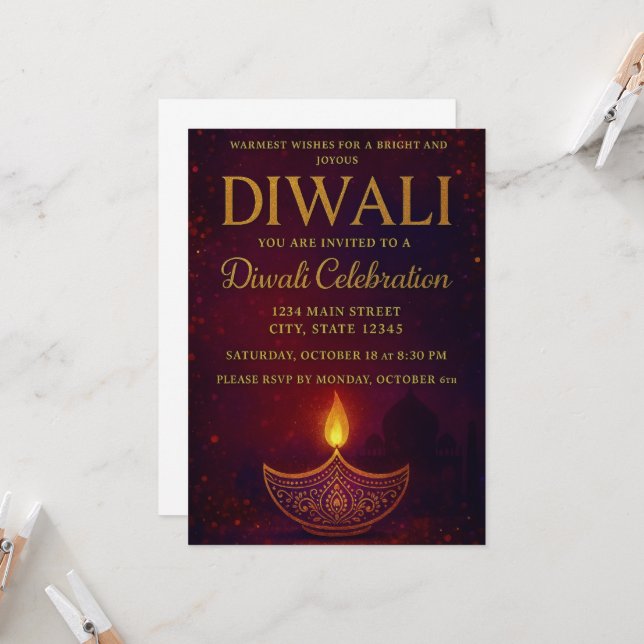 Invitation Elégante Diya & Gold Script Diwali Célébration (Devant/Arrière en situation)