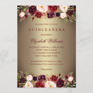 Invitation élégante dorée et bordeaux pour Quincea