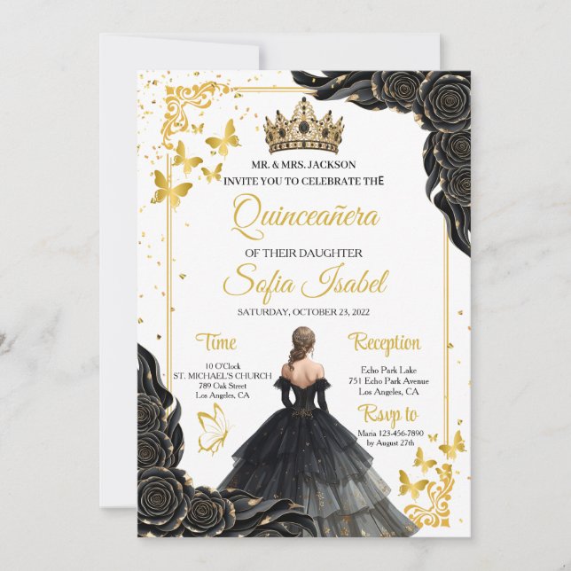 Invitation élégante dorée et noire pour Quinceañer (Devant)