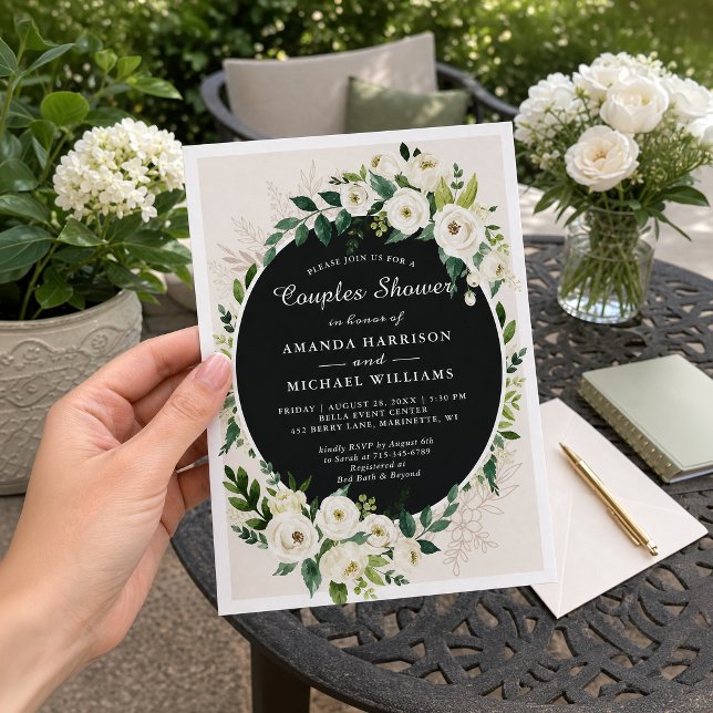 Invitation Élégante douche de mariage florale verte et blanch (Créateur téléchargé)