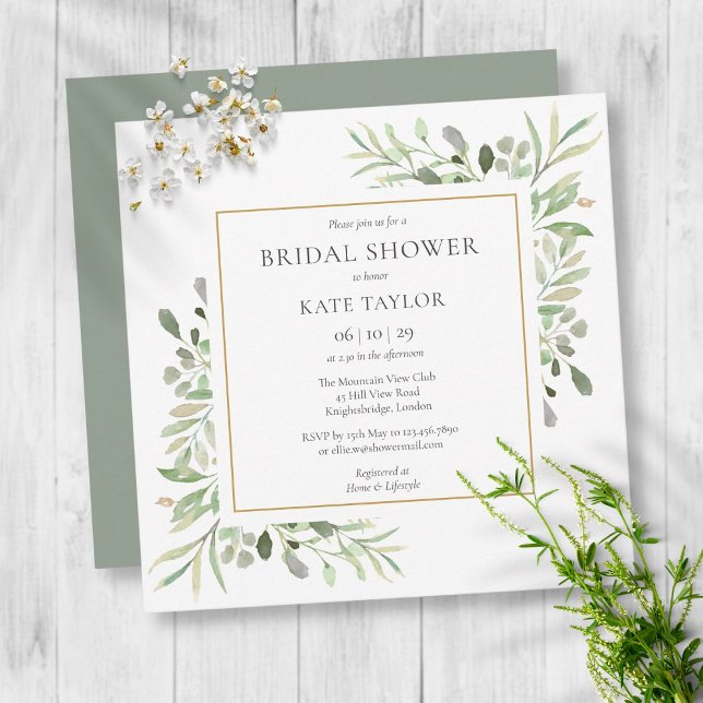 Invitation Élégante douche de mariée aquarelle verte or (Créateur téléchargé)