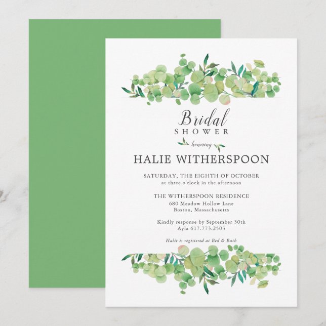 Invitation Élégante Douche de Mariée au Feuillage d'Eucalyptu (Devant / Derrière)