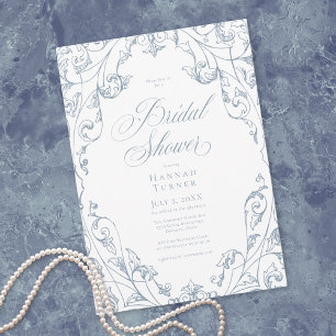 Invitation Élégante Douche de Mariée avec Cadre Floral Bleu P