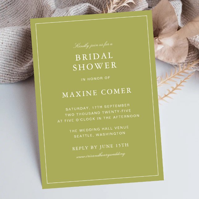 Invitation Élégante Douche de Mariée avec Écriture Verte Oliv (Elegant olive green bridal shower invitations create a graceful and memorable celebration.)