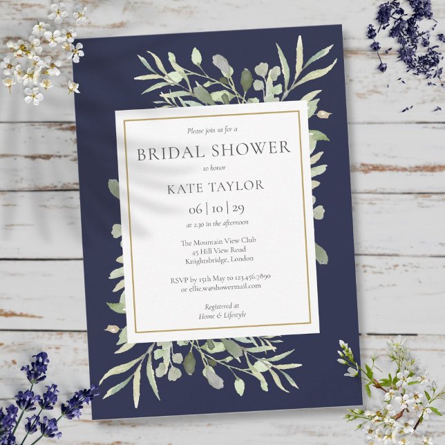 Invitation Élégante Douche de Mariée Bleu Nuit et Or avec Feu (Elegant Navy Blue Gold Greenery Bridal Shower Invitation)