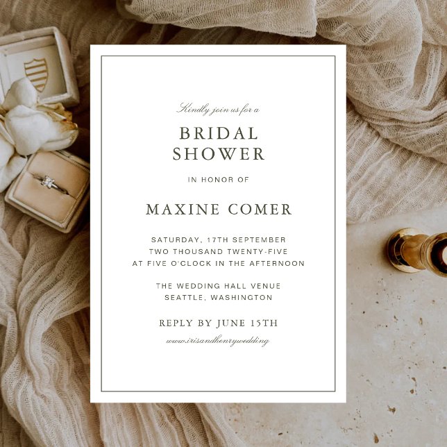 Invitation Élégante Douche de Mariée de Style Classique en Ve (Elegant dusty green script bridal shower invitation creates a timeless and heartfelt celebration.)