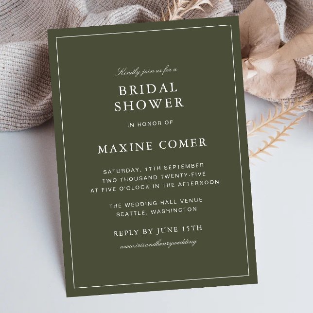 Invitation Élégante Douche de Mariée de Style Classique en Ve (Elegant dusty green bridal shower invitation sets a warm tone for her special day.)