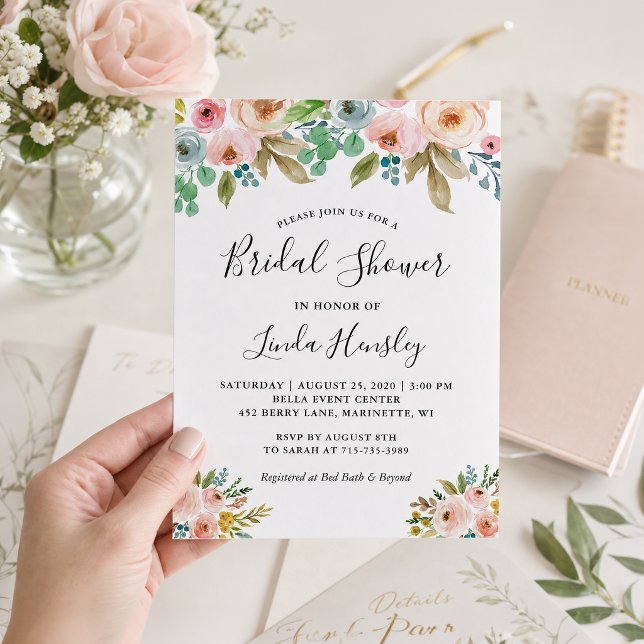 Invitation Élégante douche de mariée florale aquarelle (Créateur téléchargé)