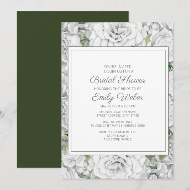 Invitation Élégante douche de mariée florale blanche botaniqu (Devant / Derrière)