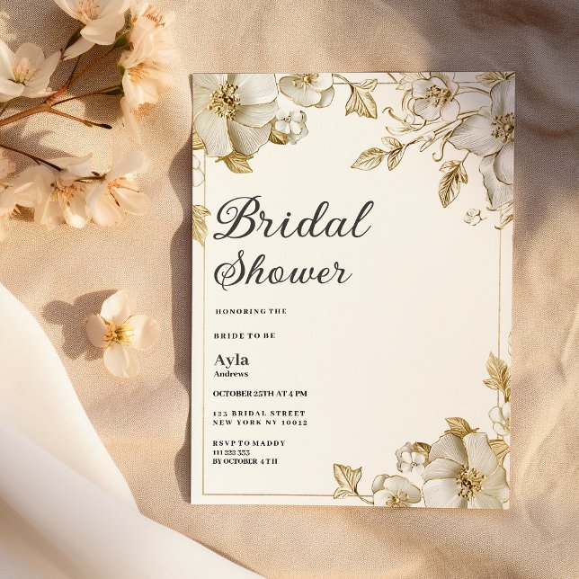 Invitation Élégante douche de mariée florale blanche et or de (Classy luxury white and gold floral Bridal Shower)