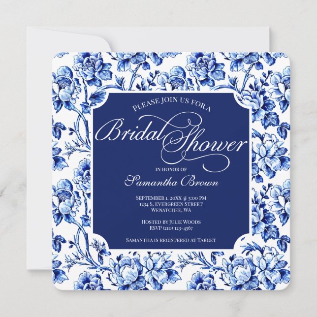 Invitation Élégante douche de mariée florale bleue et blanche (Devant)