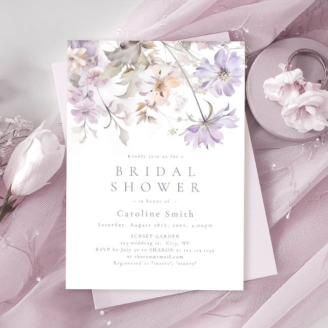 Invitation Élégante douche de mariée florale botanique boho v (Purple Elegant Botanical Floral Boho bridal shower Invitation)