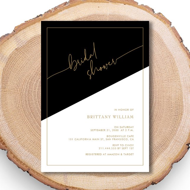Invitation Élégante Douche de Mariée Géométrique Noir Or (Elegant Gold Script Geometric Bridal Shower Invitation)