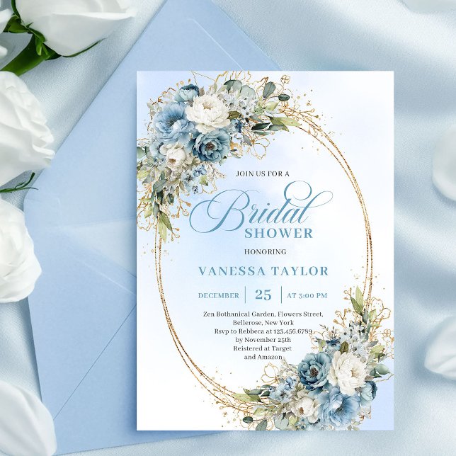 Invitation Élégante Douche de Mariée Script en Bleu Poussiére (Elegant Dusty Blue Greenery Script Bridal Shower Invite)
