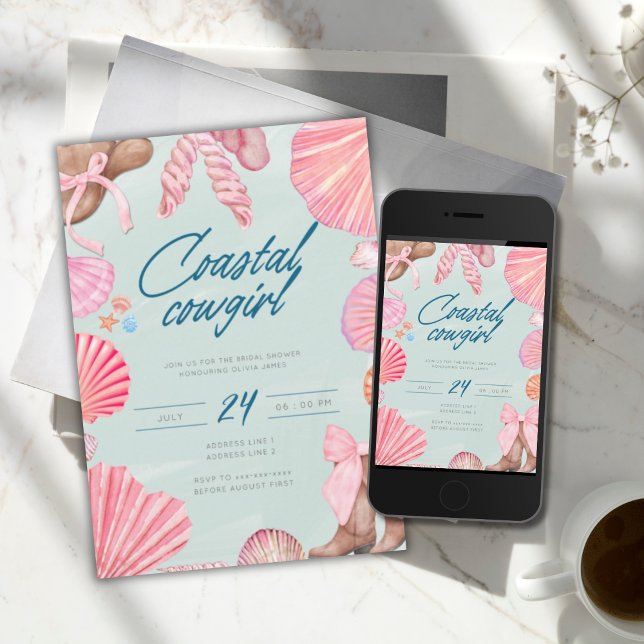 Invitation Elégante douche de nage de cowgirl côtière (Créateur téléchargé)