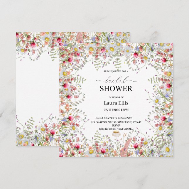 Invitation Elégante douche fleur sauvage à nuptiale florale (Devant / Derrière)