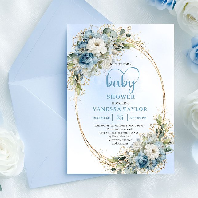 Invitation Élégante douche florale bleu clair Eucalyptus Or  (Elegant Light Blue Floral Eucalyptus Gold Shower Card

)