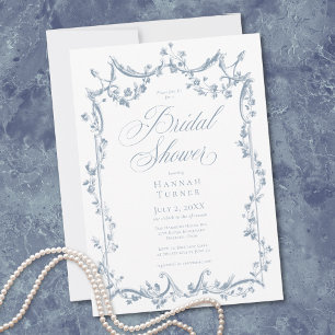 Invitation Élégante Douche Florale Bleue Poussiéreuse Classiq