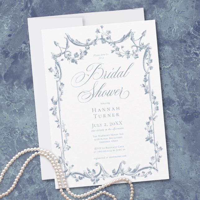Invitation Élégante Douche Florale Bleue Poussiéreuse Classiq (Classic Elegant Dusty Blue Delicate Floral Shower Invitation)