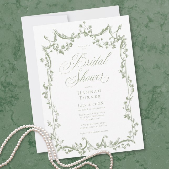 Invitation Élégante Douche Florale Délicate Vert Sauge Classi (Classic Elegant Sage Green Delicate Floral Shower Invitation)